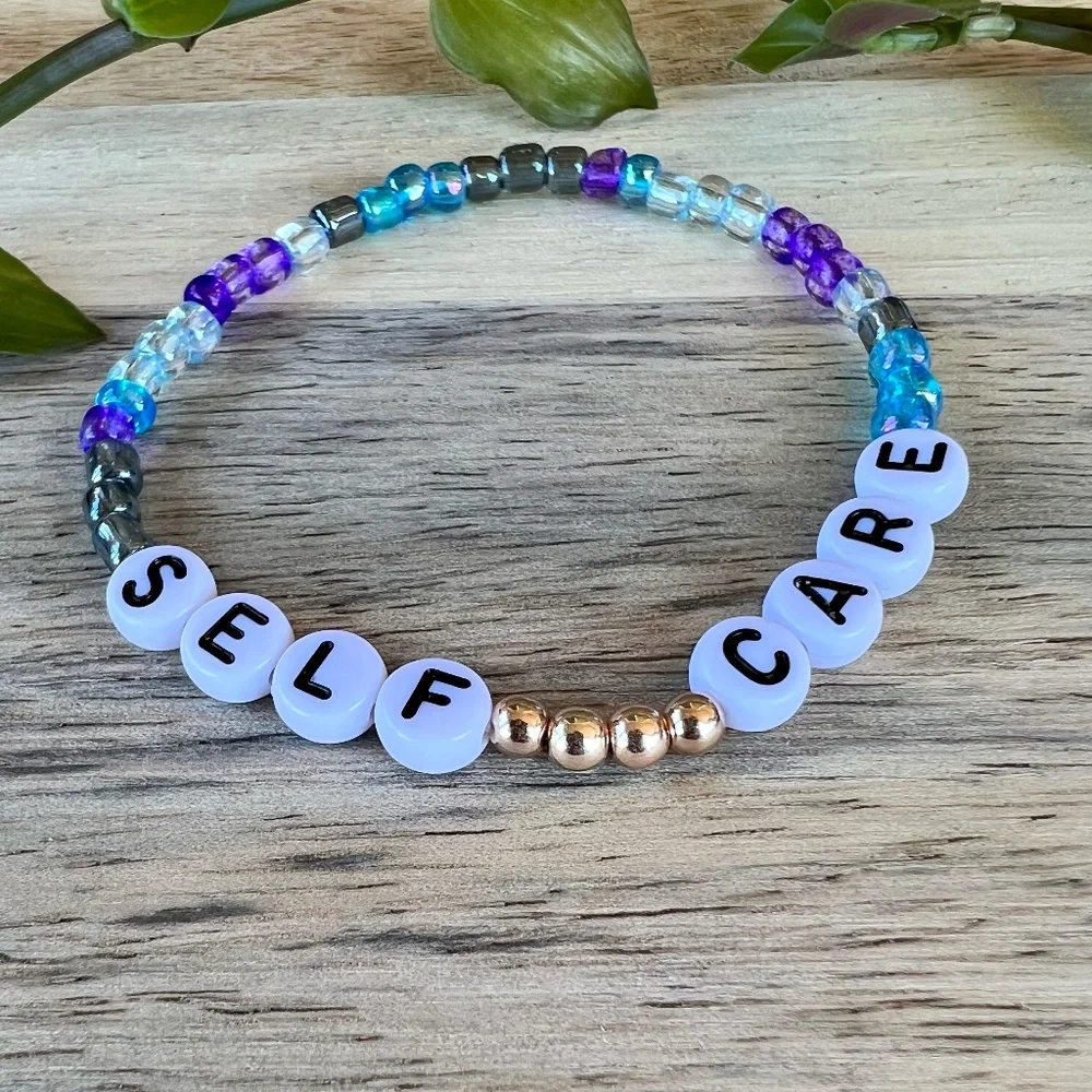 Self Care | Mac Miller Inspired Beaded Bracelet | Blue & Purple Seed Bead - Picture 2 of 4